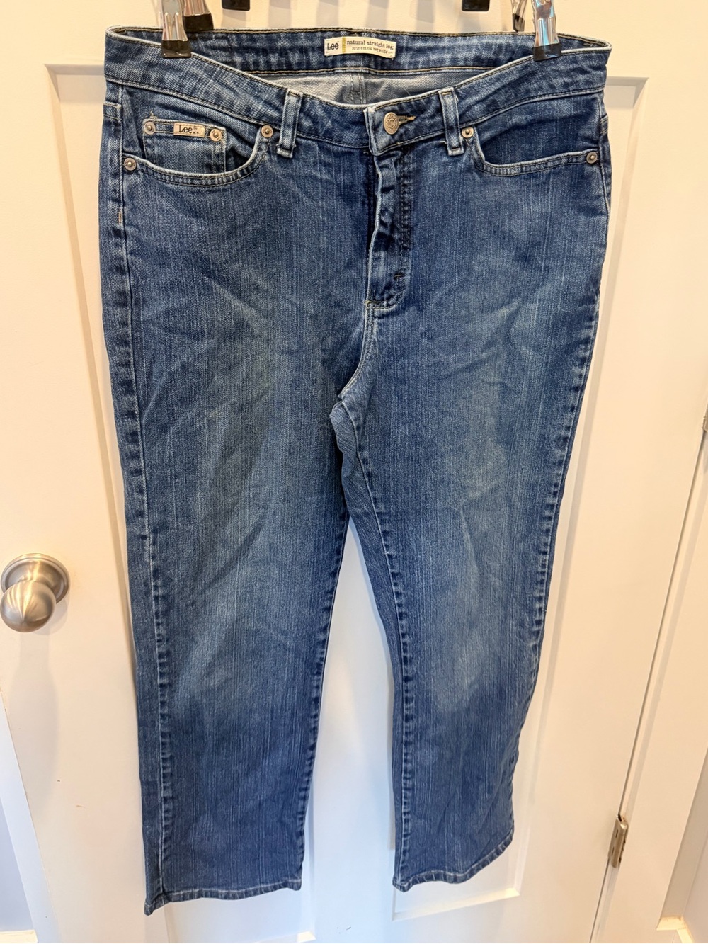 Lee Natural Straight Leg Jeans Women 12 Medium Blue Just Below Waist Stretch